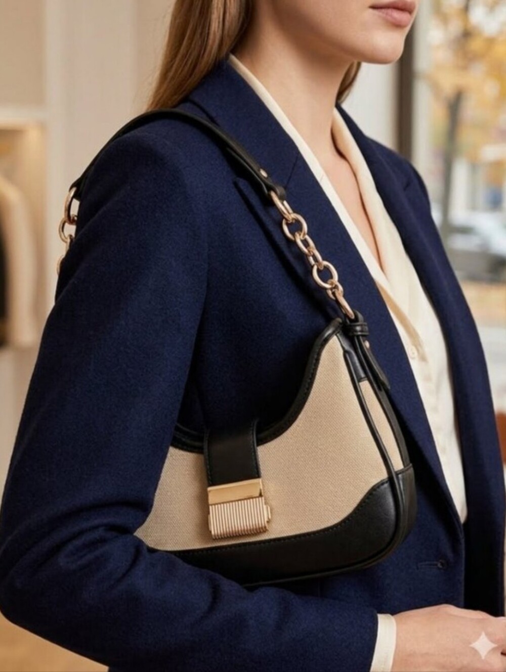 Rachel Zoe Black and Beige Mini Shoulder Bag with Gold Chain Accent